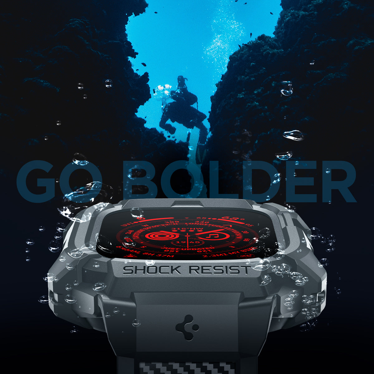 ACS07390 - Apple Watch (49mm) Rugged Armor Pro in Dark Gray  go bolder. Shows the depths of the sea.