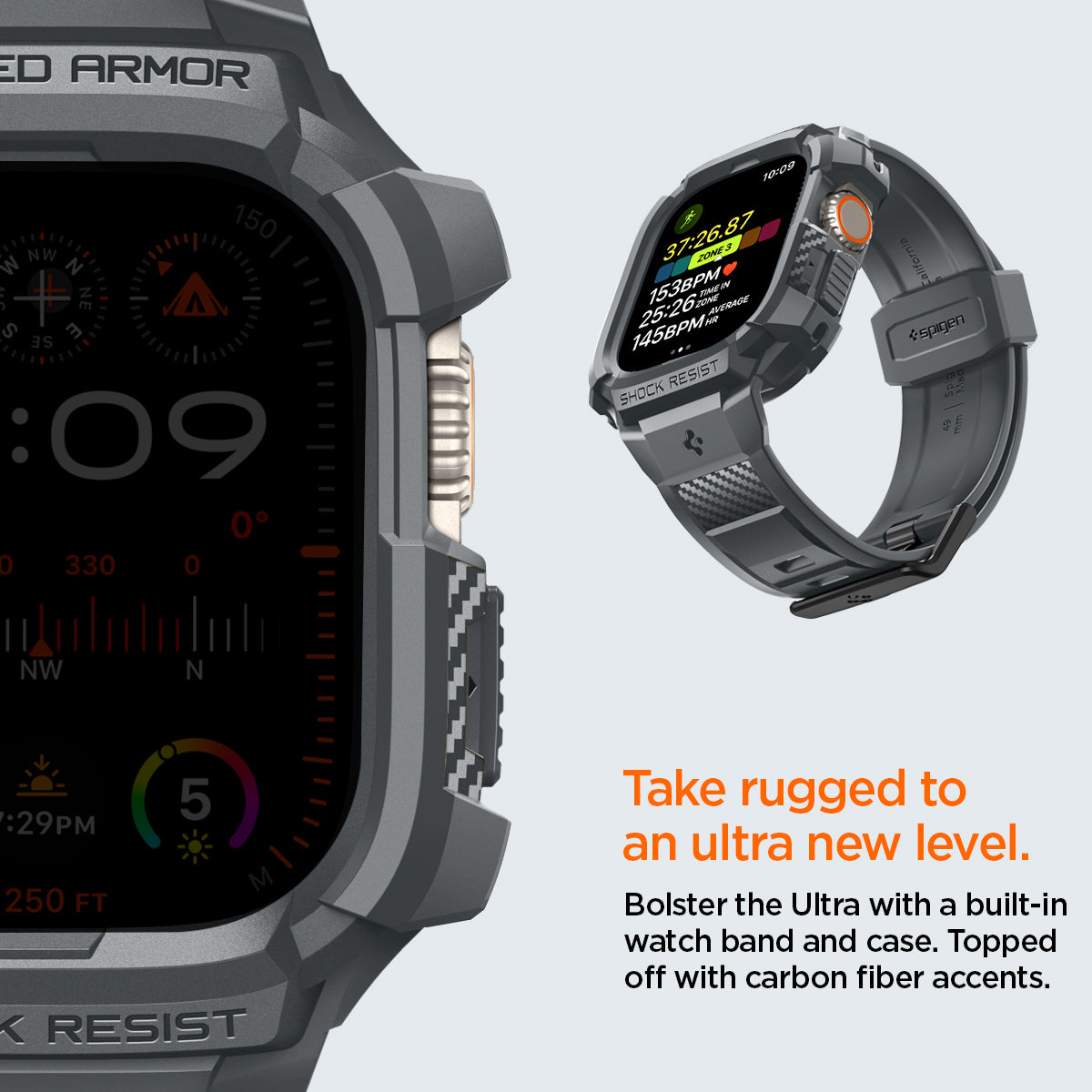 ACS07390 - Apple Watch (49mm) Rugged Armor Pro in Dark Gray bolster the ultra with a built in watch band and case. Topped off with carbon fiber accents. Take rugged to an ultra new level.