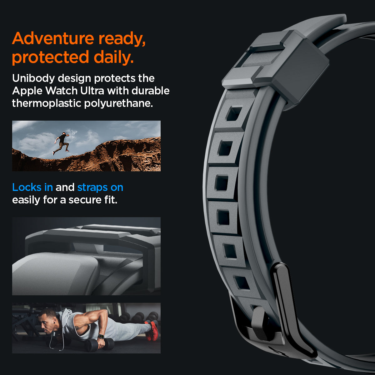 ACS07390 - Apple Watch (49mm) Rugged Armor Pro in Dark Gray unibody design protects the apple watch ultra with durable thermoplastic polyurethane. Locks in and straps on easily for a secure fit.