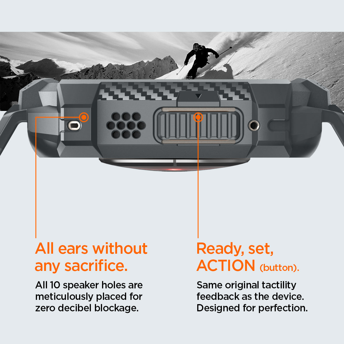 ACS07390 - Apple Watch (49mm) Rugged Armor Pro in Dark Gray has all 10 speaker holes are meticulously placed for zero decibel blockage. All ears without any sacrifice. Also has Ready, set action button. Same original tactility feedback as the device. Designed for perfection.