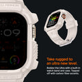 ACS07388 - Apple Watch (49mm) Rugged Armor Pro in Dune Beige bolster the ultra with a built in watch band and case. Topped off with carbon fiber accents. Take rugged to an ultra new level.
