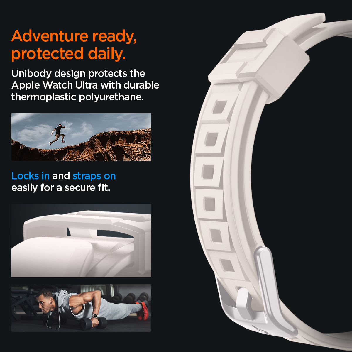 ACS07388 - Apple Watch (49mm) Rugged Armor Pro in Dune Beige unibody design protects the apple watch ultra with durable thermoplastic polyurethane. Locks in and straps on easily for a secure fit.
