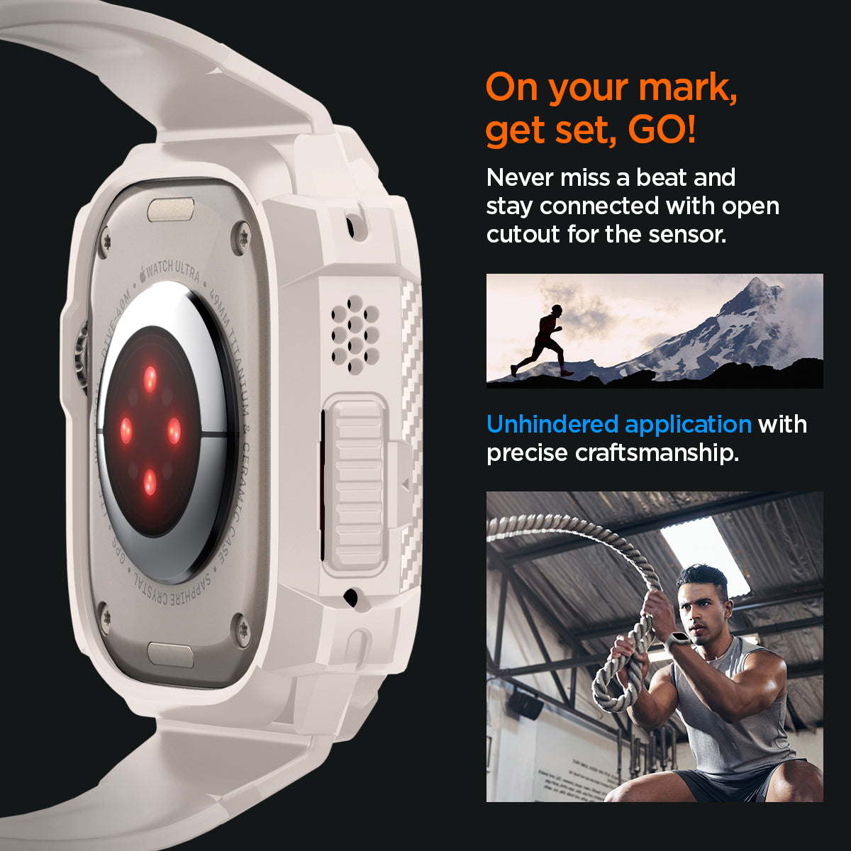 ACS07388 - Apple Watch (49mm) Rugged Armor Pro in Dune Beige never miss a beat and stay connected with open cutout for the sensor. Write down On your mark, get set GO! Unhindered application with precise craftsmanship.