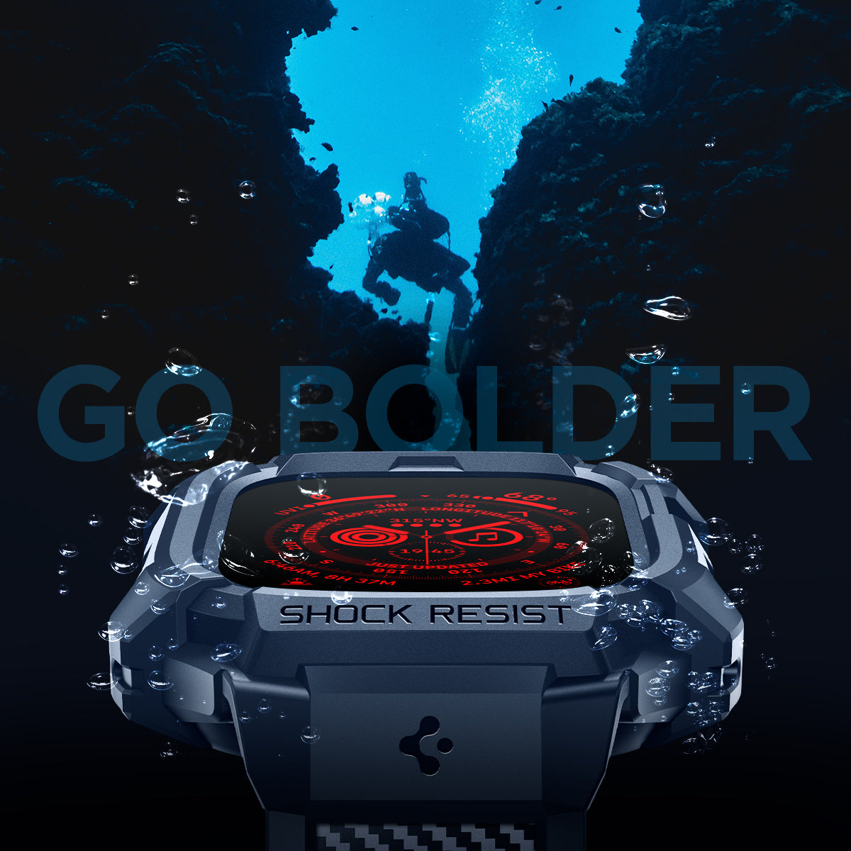 ACS07389 - Apple Watch (49mm) Rugged Armor Pro in Navy Blue  go bolder. Shows the depths of the sea.
