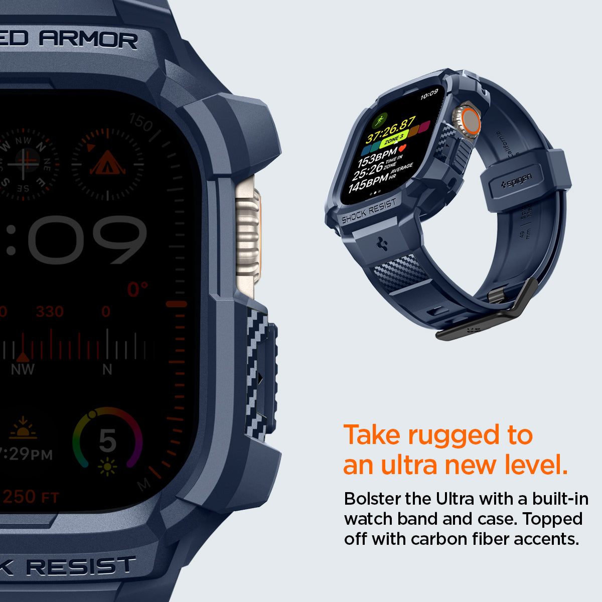 ACS07389 - Apple Watch (49mm) Rugged Armor Pro in Navy Blue bolster the ultra with a built in watch band and case. Topped off with carbon fiber accents. Take rugged to an ultra new level.