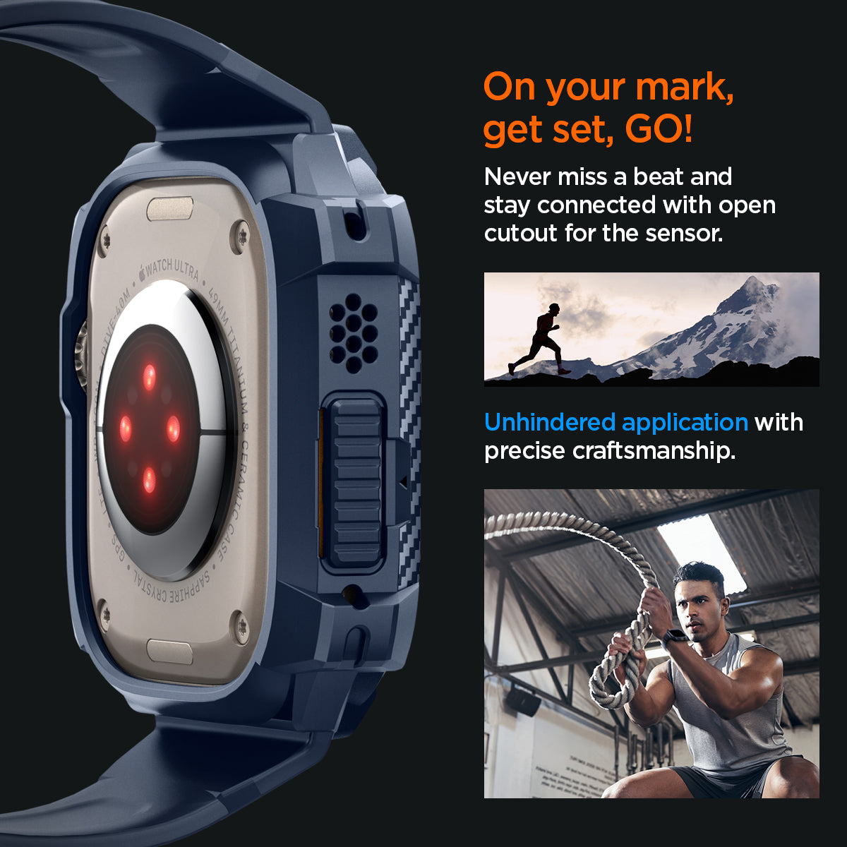 ACS07389 - Apple Watch (49mm) Rugged Armor Pro in Navy Blue never miss a beat and stay connected with open cutout for the sensor. Write down On your mark, get set GO! Unhindered application with precise craftsmanship.