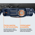 ACS07389 - Apple Watch (49mm) Rugged Armor Pro in Navy Blue showing precise opening for full functionality. Accurate access to Ultra's three-microphone array and depth gauge features. Uninterrupted accessibility. Full access to the digital crown and the side button without any disruption.