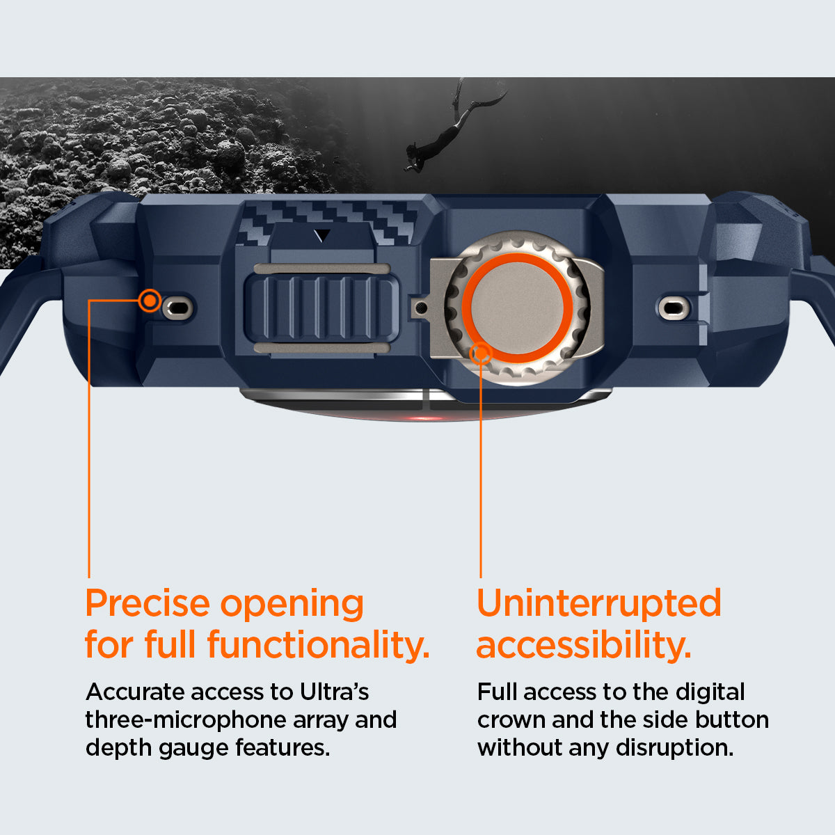 ACS07389 - Apple Watch (49mm) Rugged Armor Pro in Navy Blue showing precise opening for full functionality. Accurate access to Ultra's three-microphone array and depth gauge features. Uninterrupted accessibility. Full access to the digital crown and the side button without any disruption.