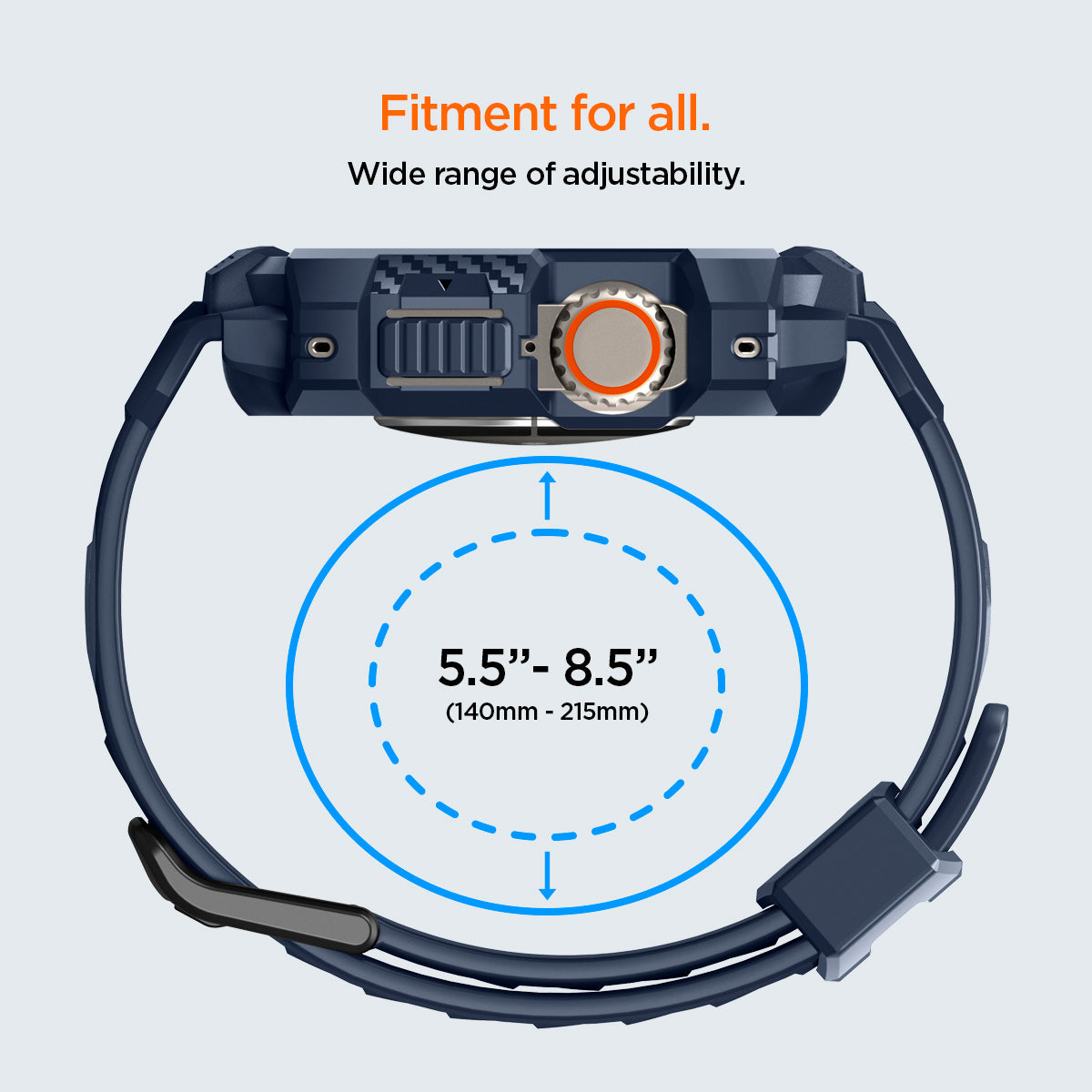 ACS07389 - Apple Watch (49mm) Rugged Armor Pro in Navy Blue fitment for all, wide range (140mm-215mm) of adjustability.