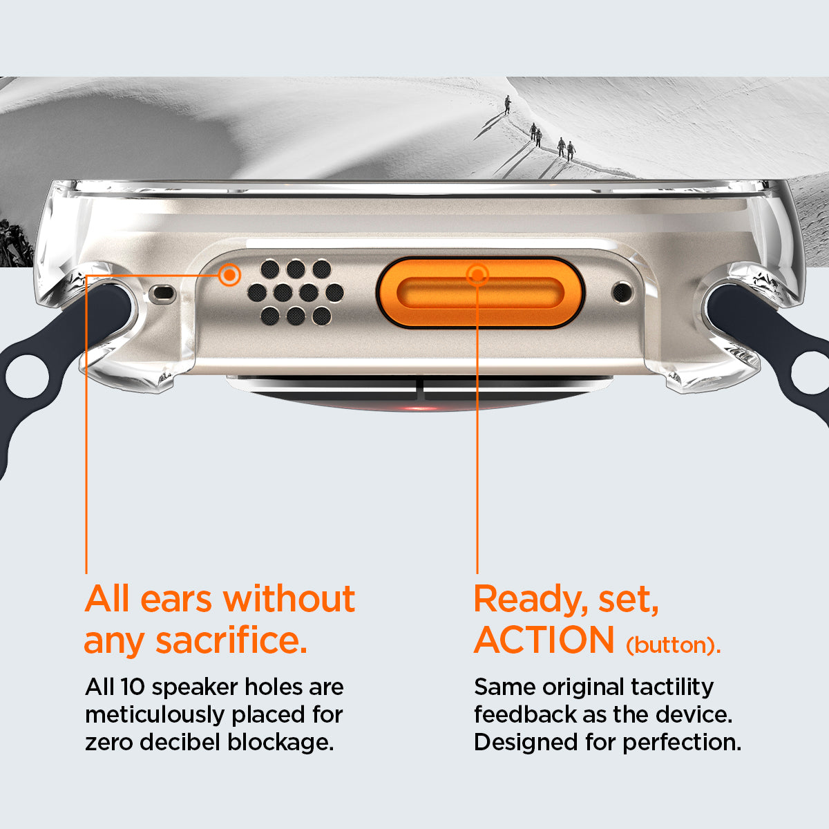 ACS05459 - Apple Watch Ultra (Apple Watch (49mm)) Case Ultra Hybrid in crystal clear all 10 speaker holes are meticulously placed for zero decibel blockage. All ears without any sacrifice. Same original tactility feedback as the device designed for perfection.