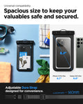 AMP04525 - AquaShield Waterproof Case A601 in Black showing the universal compatibility, spacious size to keep your valuables safe and secured, adjustable dura strap designed for convenience with 340mm - 560mm in length