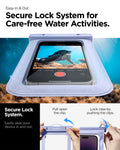 ACS06005 - AquaShield Waterproof Case A601 in Aqua Blue showing the secure lock system for care-free water activities, easily slide your device in and out
