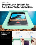 ACS06008 - AquaShield Waterproof Case A601 in Mint showing the secure lock system for care-free water activities, easily slide your device in and out