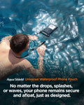 ACS09348 - AquaShield Waterproof Case (2 Pack) | A611P Matte Black lifestyle banner of man swimming with waterproof phone pouch in pool with Aqua Shield Universal Waterproof Phone Pouch branding and secure afloat messaging