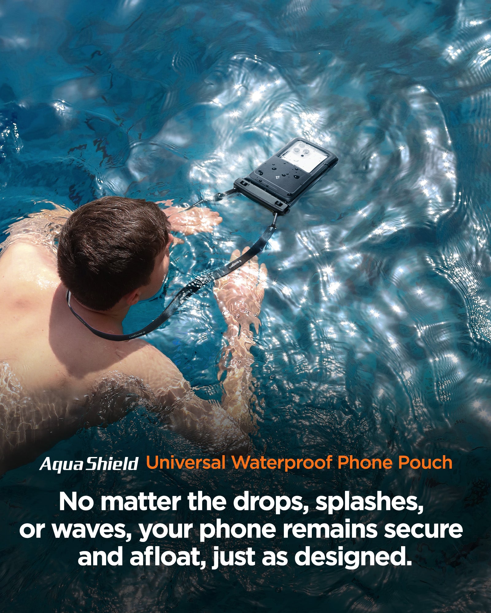 ACS09348 - AquaShield Waterproof Case (2 Pack) | A611P Matte Black lifestyle banner of man swimming with waterproof phone pouch in pool with Aqua Shield Universal Waterproof Phone Pouch branding and secure afloat messaging
