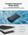 ACS09348 - AquaShield Waterproof Case (2 Pack) | A611P Matte Black floatable waterproof phone pouch feature infographic with Air Cushion Technology floating on water and three-layer material diagram showing waterproof PVC and integrated sponge