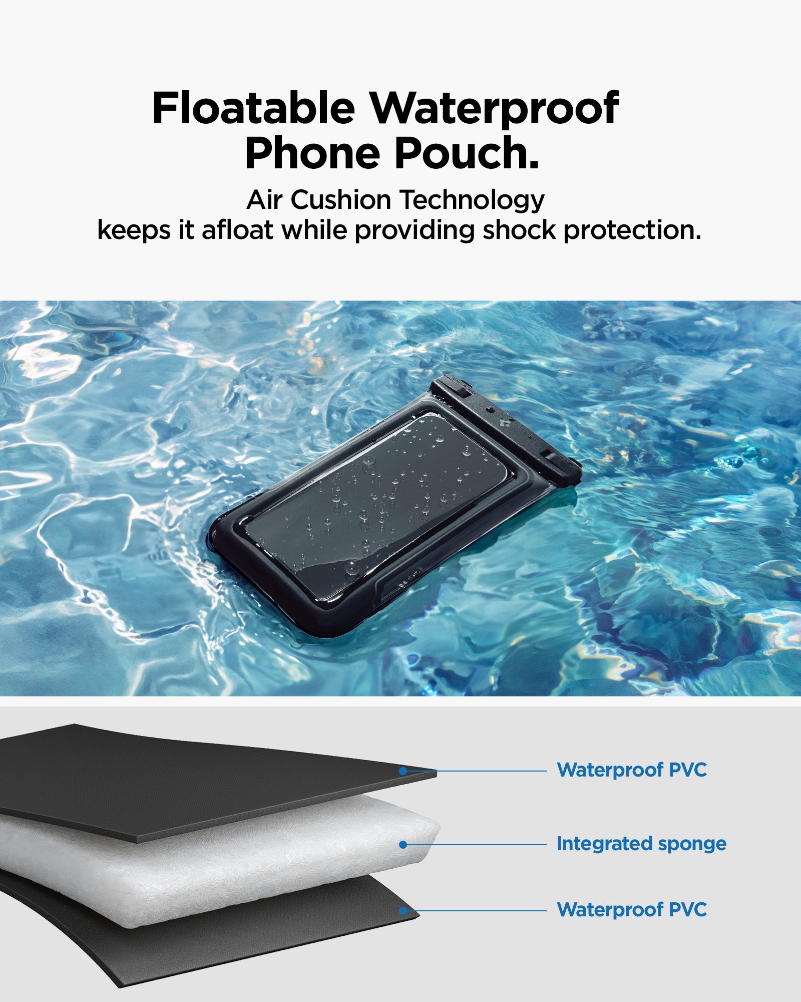 ACS09348 - AquaShield Waterproof Case (2 Pack) | A611P Matte Black floatable waterproof phone pouch feature infographic with Air Cushion Technology floating on water and three-layer material diagram showing waterproof PVC and integrated sponge