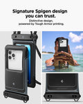 ACS09348 - AquaShield Waterproof Case (2 Pack) | A611P Matte Black signature Spigen design infographic with dual pouch render in matte black Tough Armor printing detail ocean lifestyle shot and bottom lock bar close-up