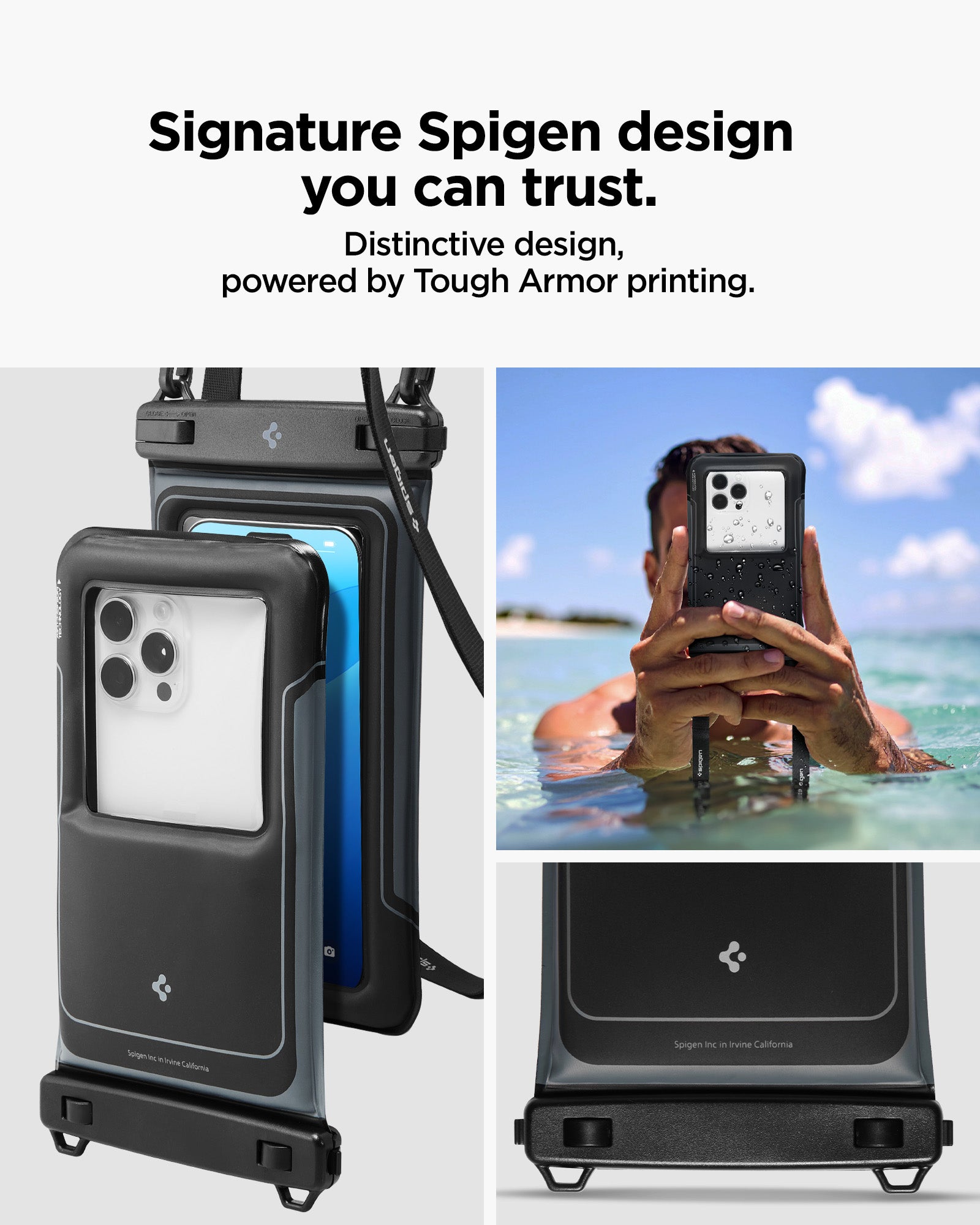 ACS09348 - AquaShield Waterproof Case (2 Pack) | A611P Matte Black signature Spigen design infographic with dual pouch render in matte black Tough Armor printing detail ocean lifestyle shot and bottom lock bar close-up