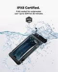 ACS09348 - AquaShield Waterproof Case (2 Pack) | A611P Matte Black IPX8 certified infographic with waterproof pouch submerged in water splash and fully sealed underwater protection up to 30M for 30 minutes badge