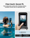 ACS09348 - AquaShield Waterproof Case (2 Pack) | A611P Matte Black clear touch secure fit infographic with woman using pouch in ocean touchscreen control close-up and adjustable strap length guide from 900mm to 1630mm