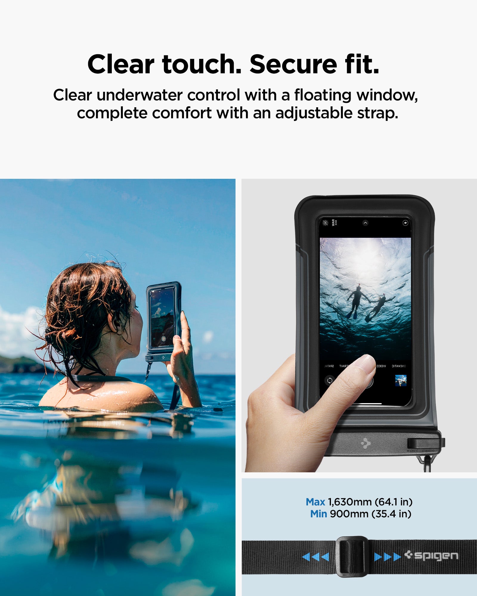 ACS09348 - AquaShield Waterproof Case (2 Pack) | A611P Matte Black clear touch secure fit infographic with woman using pouch in ocean touchscreen control close-up and adjustable strap length guide from 900mm to 1630mm