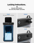 ACS09348 - AquaShield Waterproof Case (2 Pack) | A611P Matte Black locking instructions infographic with device insertion guide for up to 7.0 inch phones and close-up unlock and lock position views of secure lock system