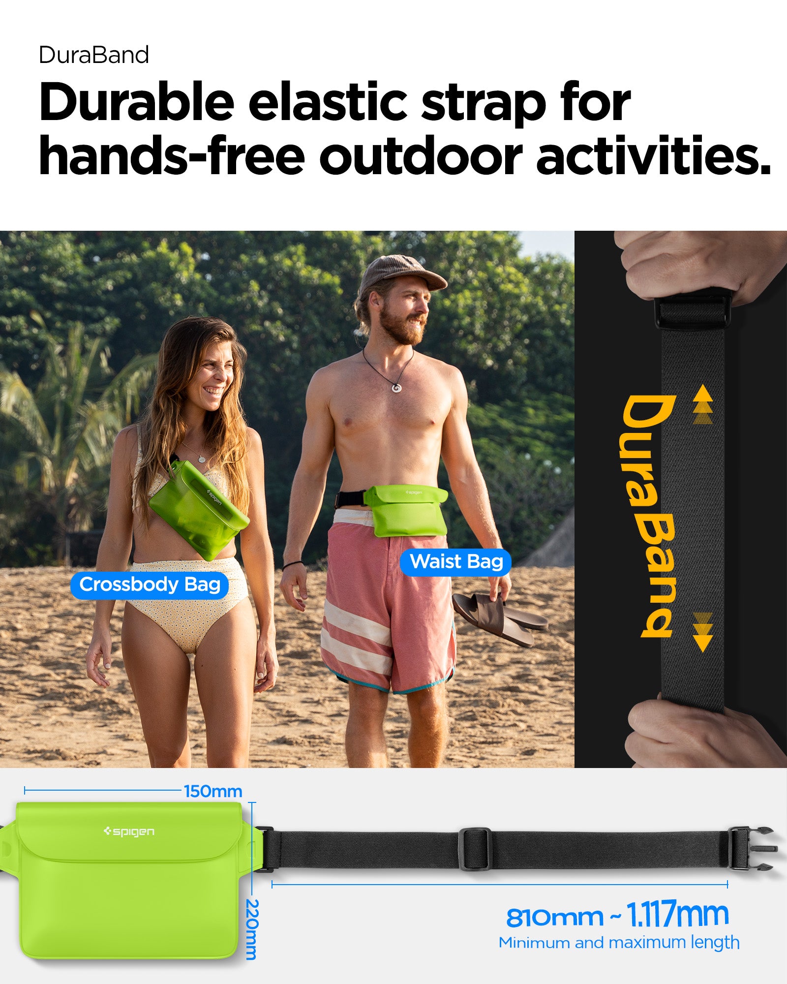 AMP06023 - AquaShield Waterproof Waist Bag (2 Pack) A620 in Cactus Green showing the durable elastic strap for hands-free outdoor activities, with 810mm-1.117mm length