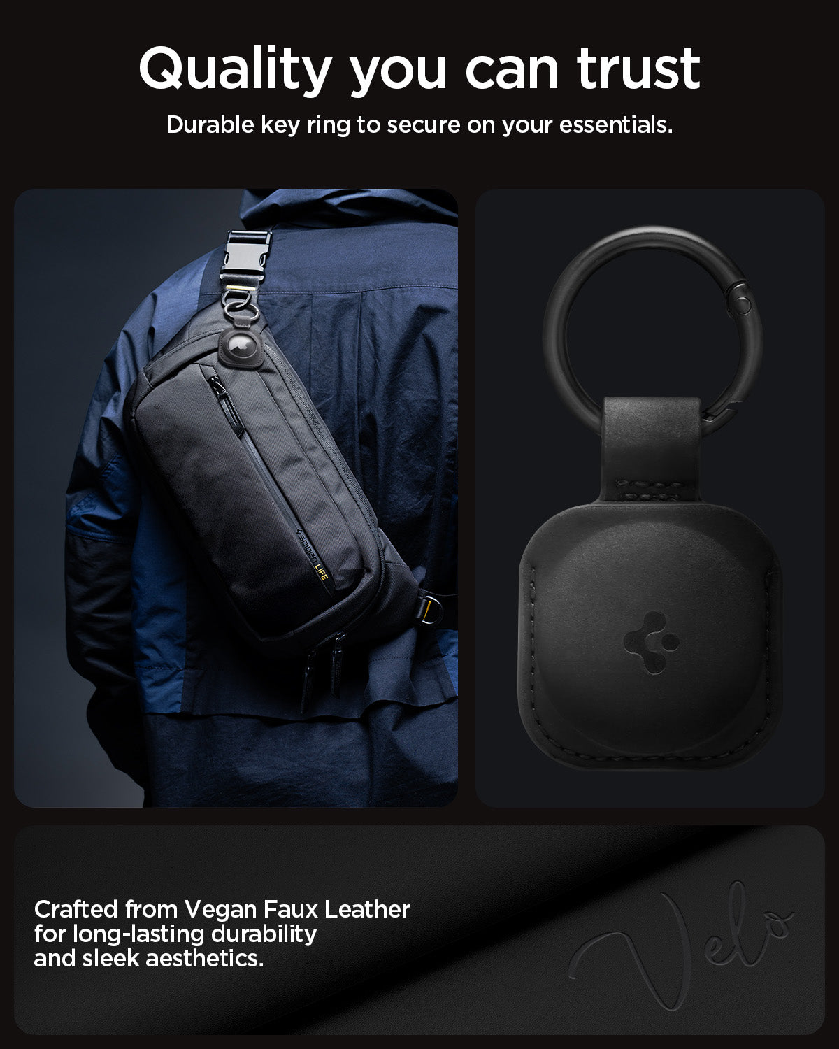 ACS09750 - AirTag Holder Keychain | AT200 in Black showing the quality you can trust. Durable key ring to secure your essentials. Crafted from Vegan Faux Leather for long-lasting durability and sleek aethetics