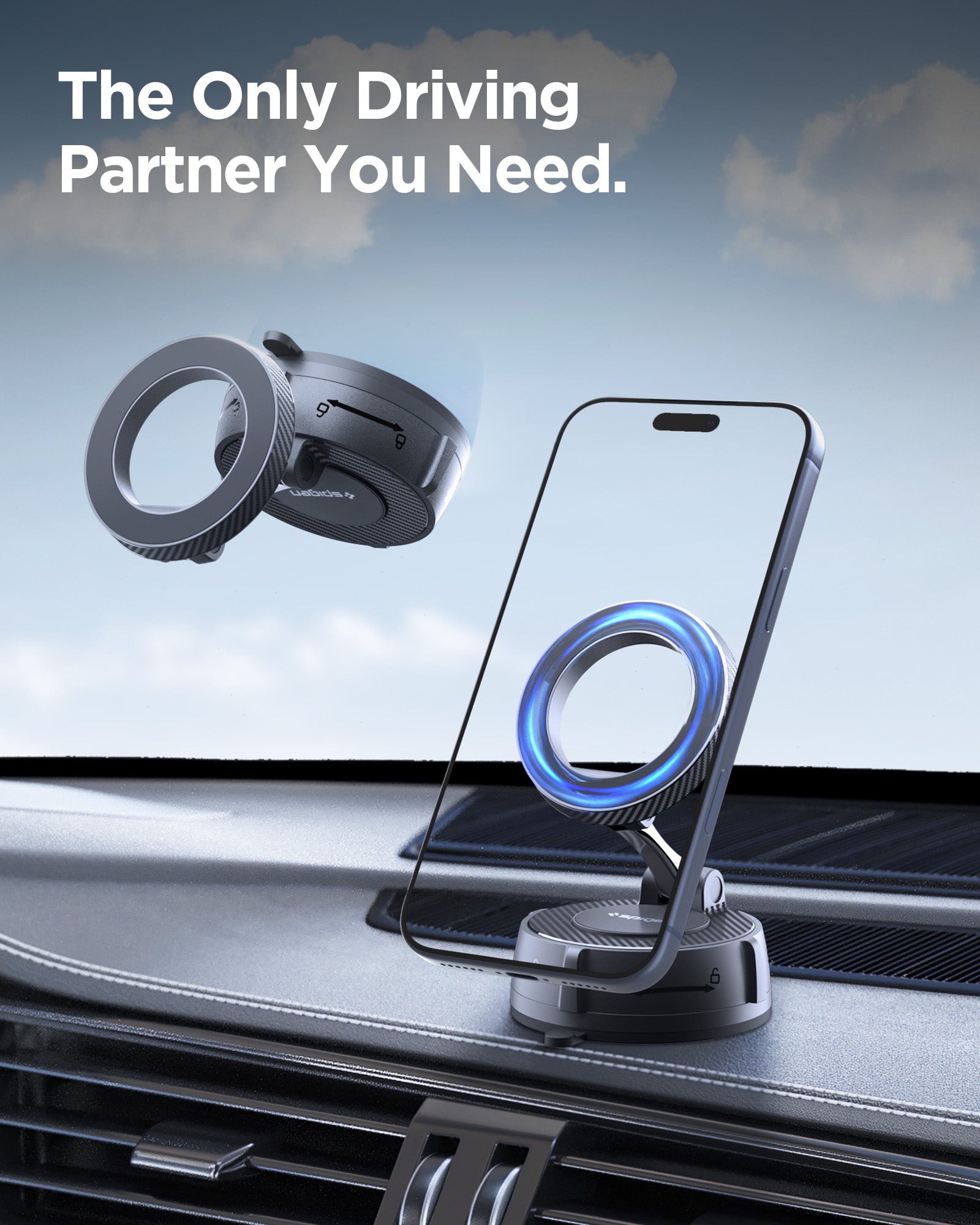 ACP11658 - Spigen Magnetic Car Mount (Mag Fit) MFT 36-1 showing the mount attached to a car dashboard with a phone magnetically secured to the ring holder