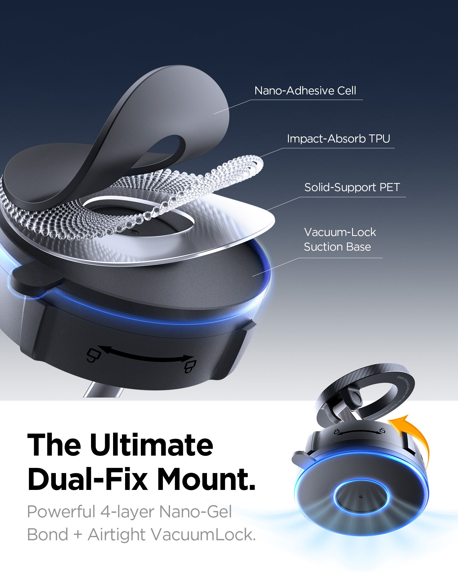 ACP11658 - Spigen Magnetic Car Mount (Mag Fit) MFT 36-1 showing a exploded view of the four-layer suction base construction including nano-adhesive cell, TPU, PET, and vacuum-lock layers