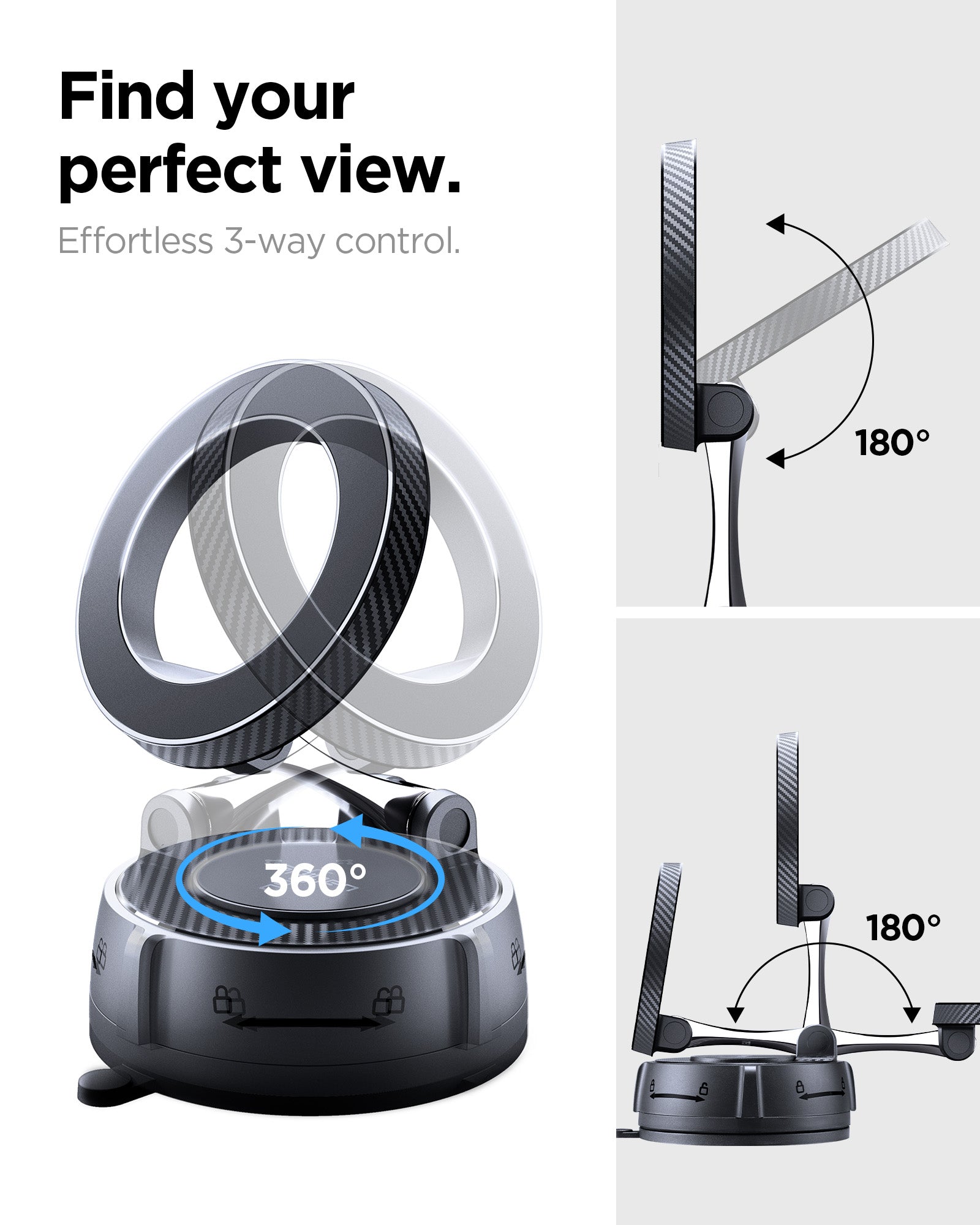 ACP11658 - Spigen Magnetic Car Mount (Mag Fit) MFT 36-1 showing the 360-degree base rotation and 180-degree tilt range of the magnetic ring head