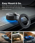 ACP11658 - Spigen Magnetic Car Mount (Mag Fit) MFT 36-1 showing the mount secured to a dashboard surface with cars on curved, rough, and high-speed roads below
