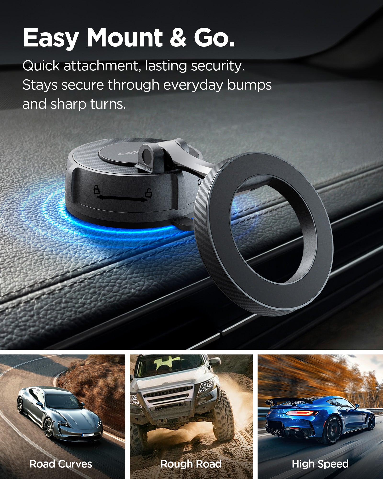 ACP11658 - Spigen Magnetic Car Mount (Mag Fit) MFT 36-1 showing the mount secured to a dashboard surface with cars on curved, rough, and high-speed roads below