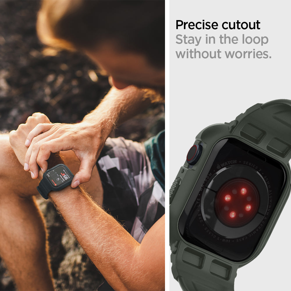 ACS00547 - Apple Watch Series (Apple Watch (41mm)) Case Rugged Armor Pro in military green precise cutout stay in the loop without worries.