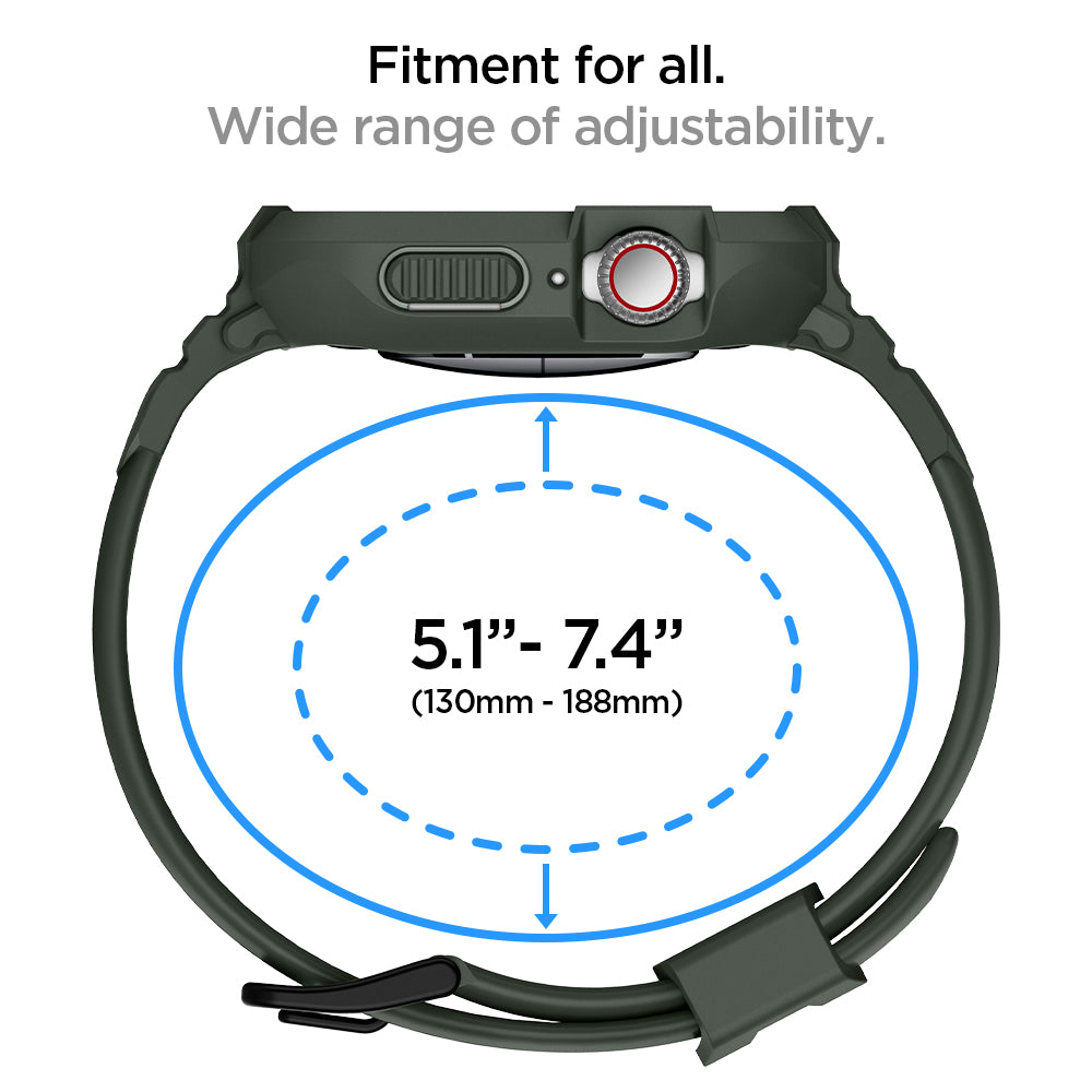 ACS00547 - Apple Watch Series (Apple Watch (41mm)) Case Rugged Armor Pro in military green fitment for all, wide range (130mm-188mm) of adjustability.
