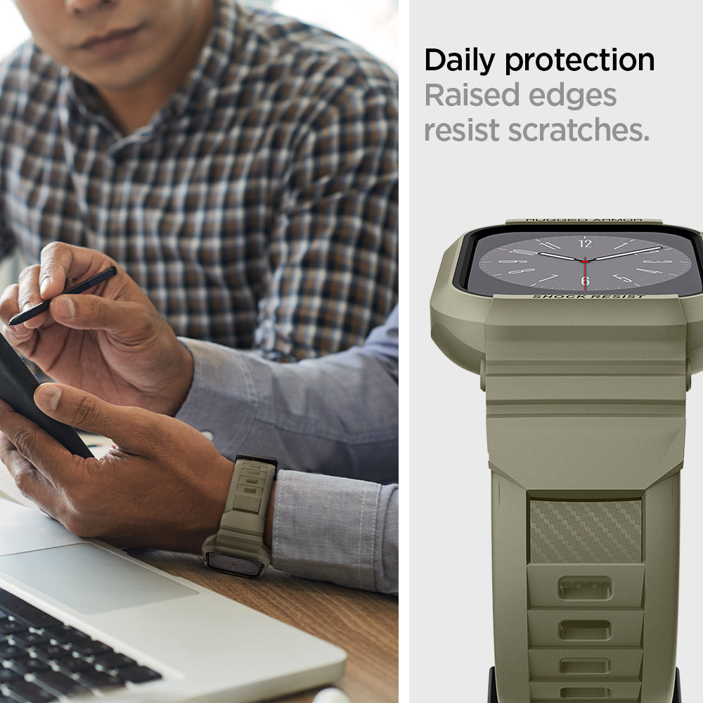ACS05914 - Apple Watch Series (Apple Watch (45mm)) Case Rugged Armor Pro in vintage khaki shows daily protection raised edges resist scratches.