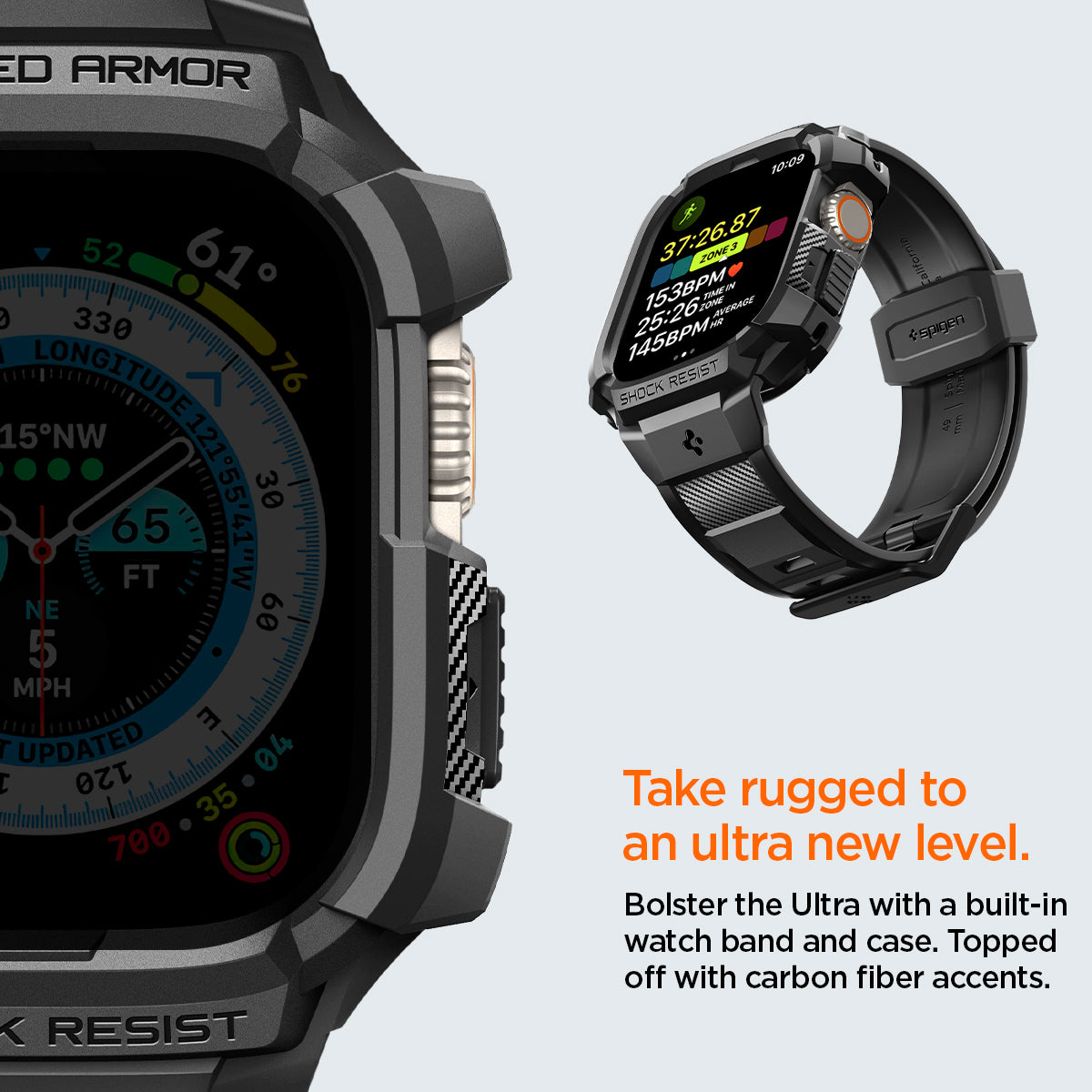 ACS05460 - Apple Watch Series (Apple Watch (49mm)) in matte black bolster the ultra with a built in watch band and case. Topped off with carbon fiber accents. Take rugged to an ultra new level.