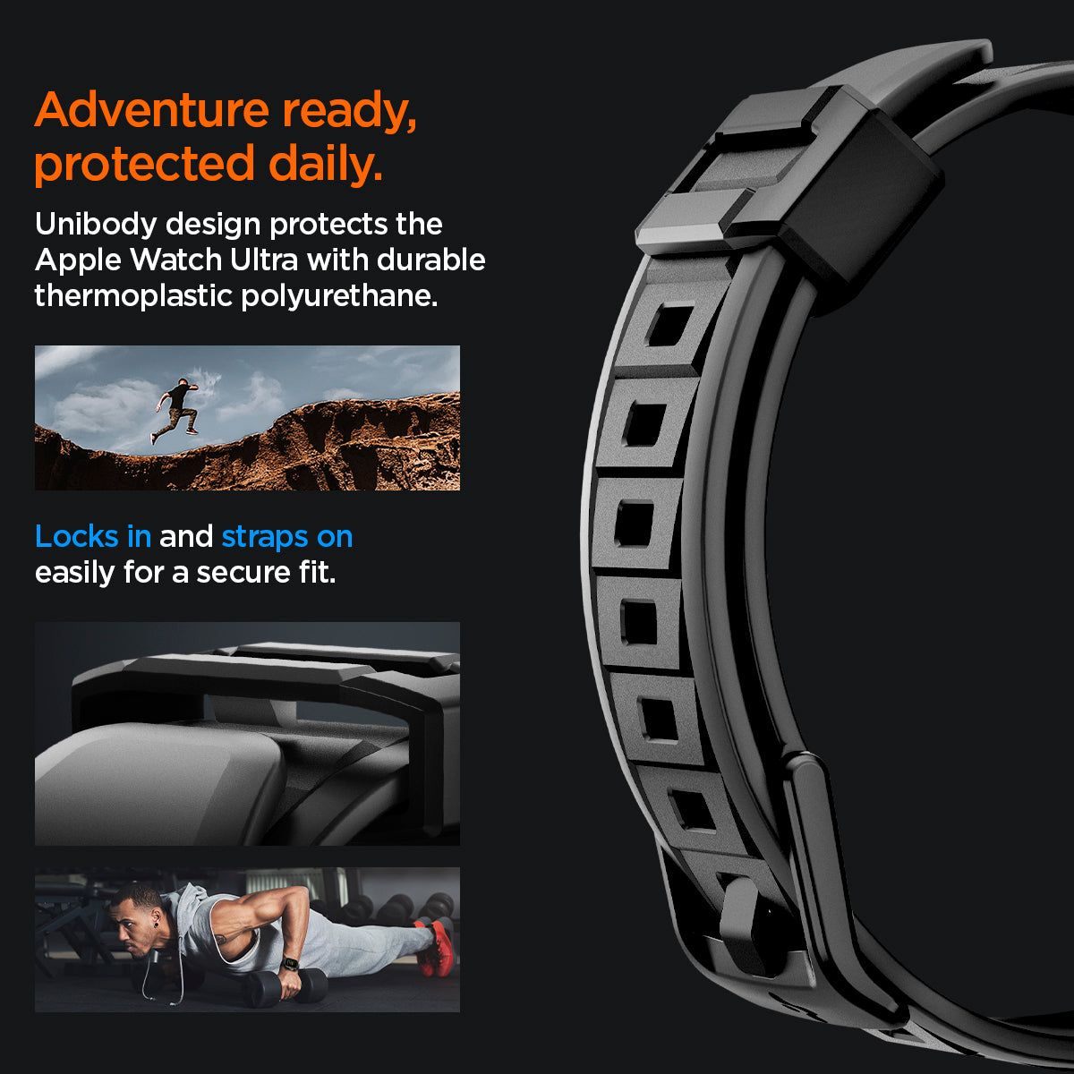 ACS05460 - Apple Watch Series (Apple Watch (49mm)) in matte black unibody design protects the apple watch ultra with durable thermoplastic polyurethane. Locks in and straps on easily for a secure fit.