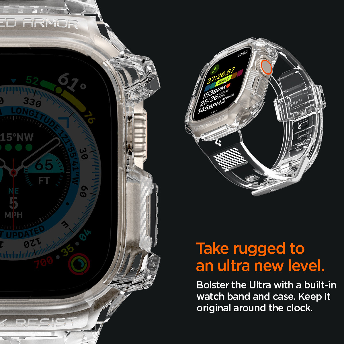 ACS05461 - Apple Watch Series (Apple Watch (49mm)) in crystal clear bolster the ultra with a built in watch band and case. Topped off with carbon fiber accents. Take rugged to an ultra new level.