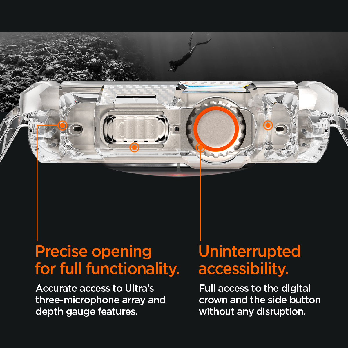 ACS05461 - Apple Watch Series (Apple Watch (49mm)) in crystal clear showing precise opening for full functionality. Accurate access to Ultra's three-microphone array and depth gauge features. Uninterrupted accessibility. Full access to the digital crown and the side button without any disruption.