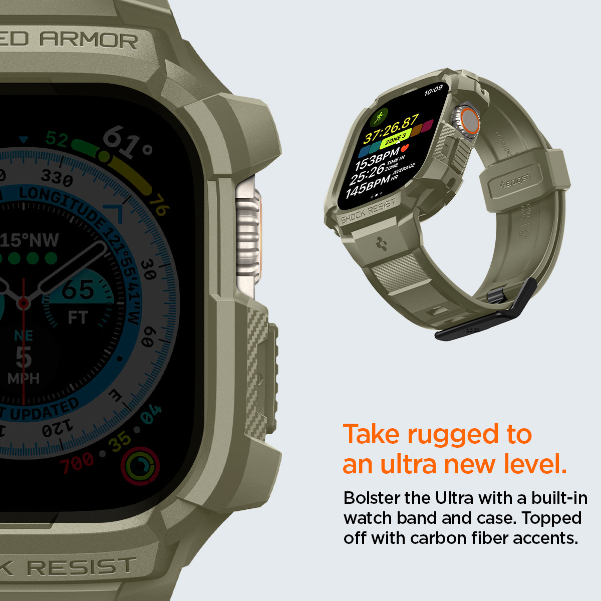 ACS05915 - Apple Watch Series (Apple Watch (49mm)) in vintage khaki bolster the ultra with a built in watch band and case. Topped off with carbon fiber accents. Take rugged to an ultra new level.