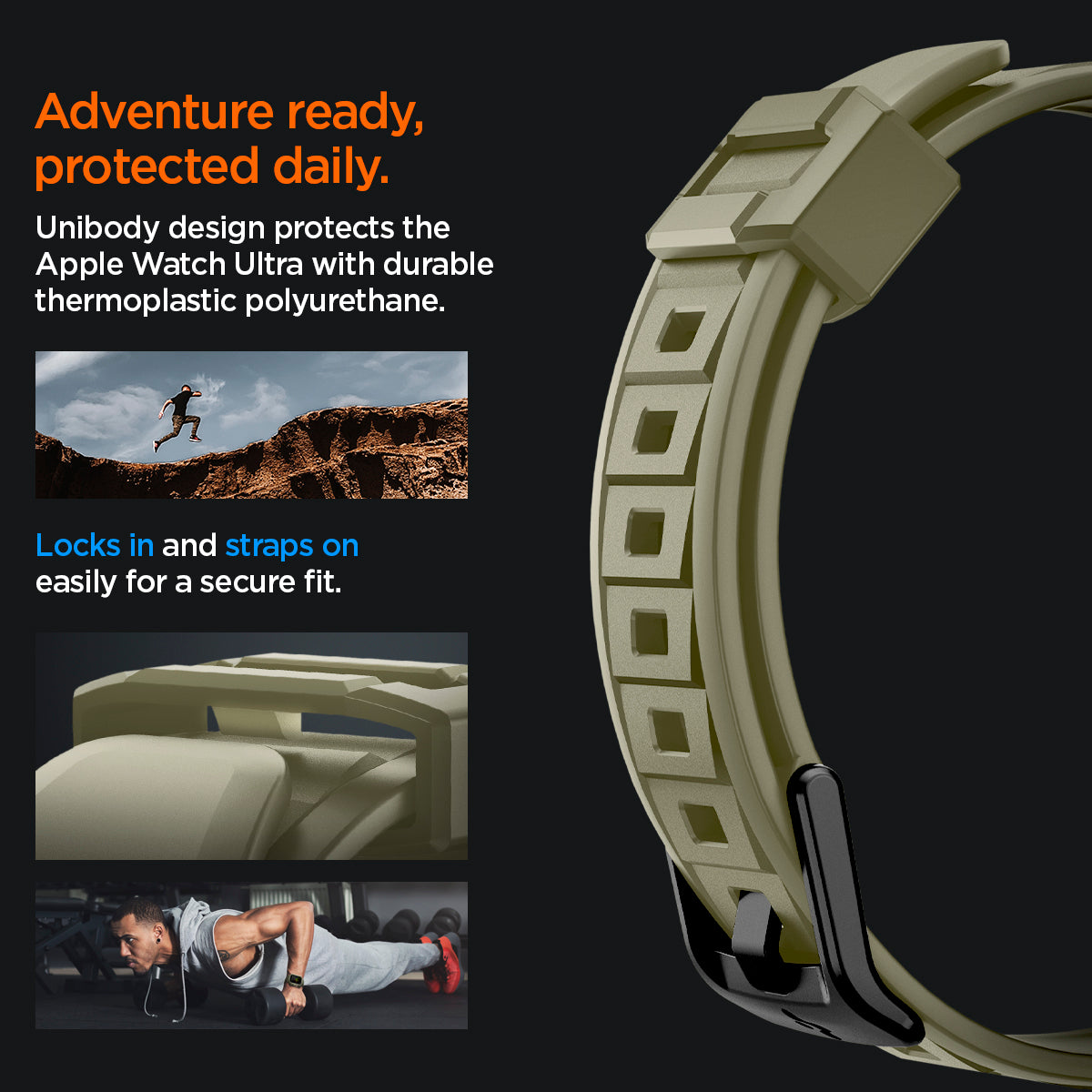 ACS05915 - Apple Watch Series (Apple Watch (49mm)) in vintage khaki unibody design protects the apple watch ultra with durable thermoplastic polyurethane. Locks in and straps on easily for a secure fit.