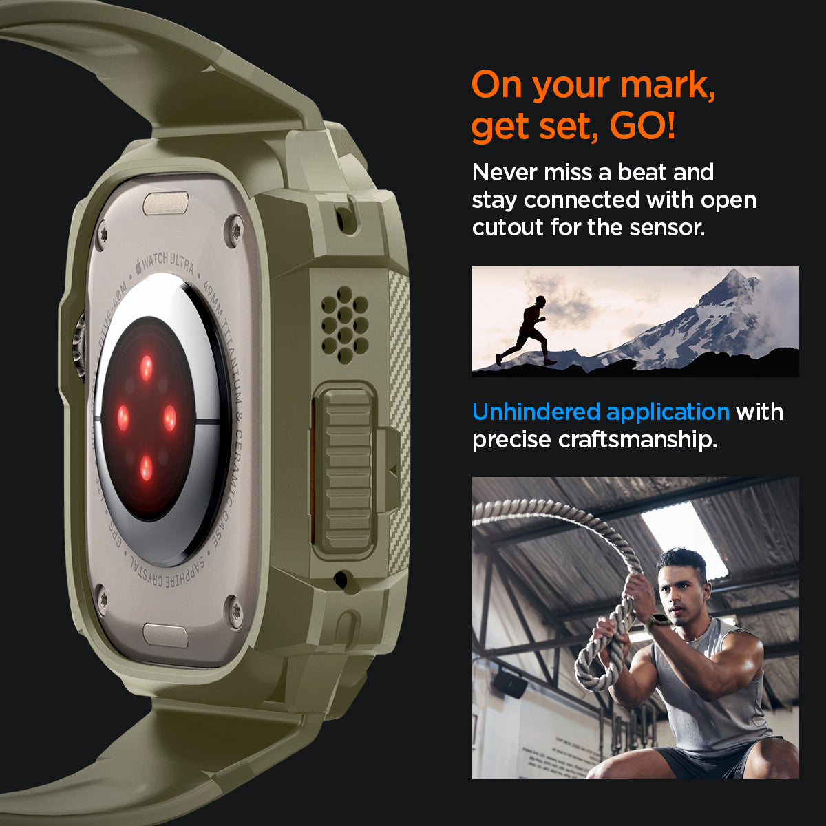 ACS05915 - Apple Watch Series (Apple Watch (49mm)) in vintage khaki never miss a beat and stay connected with open cutout for the sensor. Write down On your mark, get set GO! Unhindered application with precise craftsmanship.