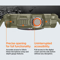 ACS05915 - Apple Watch Series (Apple Watch (49mm)) in vintage khaki showing precise opening for full functionality. Accurate access to Ultra's three-microphone array and depth gauge features. Uninterrupted accessibility. Full access to the digital crown and the side button without any disruption.