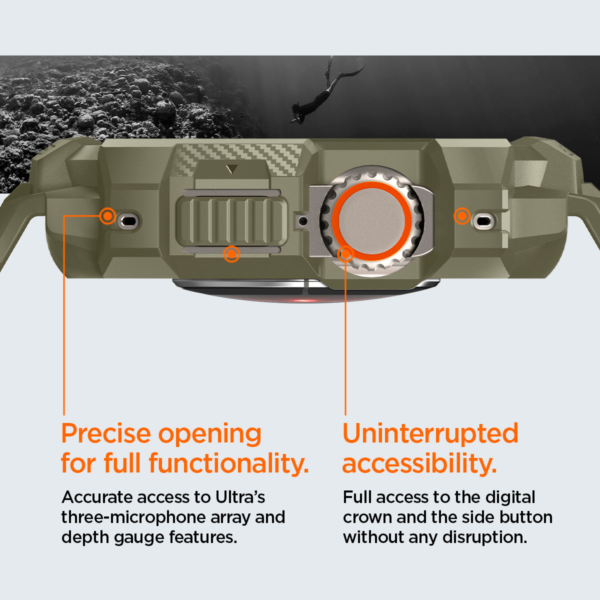 ACS05915 - Apple Watch Series (Apple Watch (49mm)) in vintage khaki showing precise opening for full functionality. Accurate access to Ultra's three-microphone array and depth gauge features. Uninterrupted accessibility. Full access to the digital crown and the side button without any disruption.