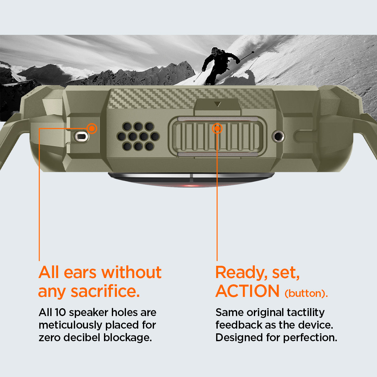 ACS05915 - Apple Watch Series (Apple Watch (49mm)) in vintage khaki has all 10 speaker holes are meticulously placed for zero decibel blockage. All ears without any sacrifice. Also has Ready, set action button. Same original tactility feedback as the device. Designed for perfection.
