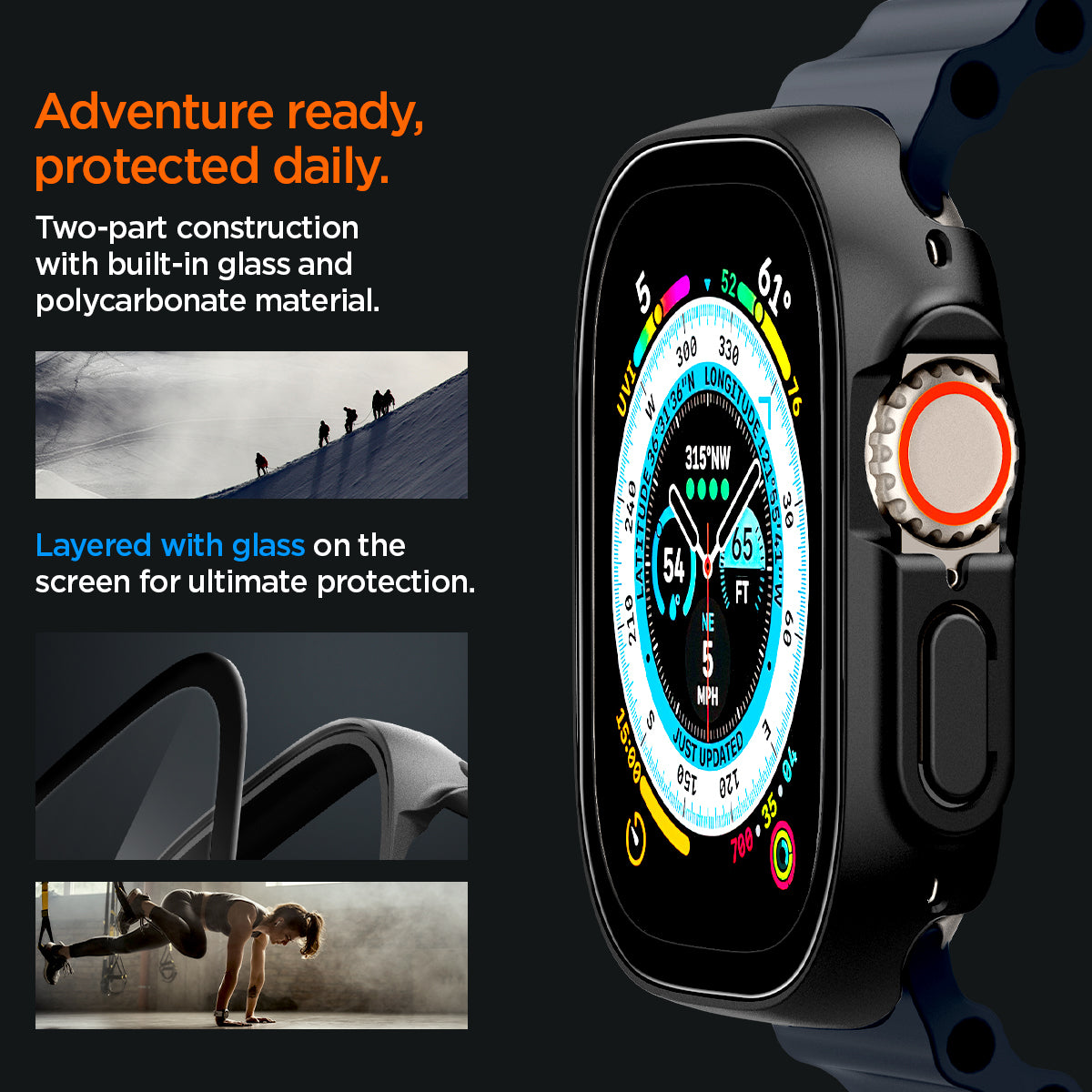 ACS05558 - Apple Watch Ultra (Apple Watch (49mm)) Case Thin Fit 360 in black adventure ready, protected daily. Two part construction with built in glass and polycarbonate material. Layered with glass on the screen for ultimate protection.