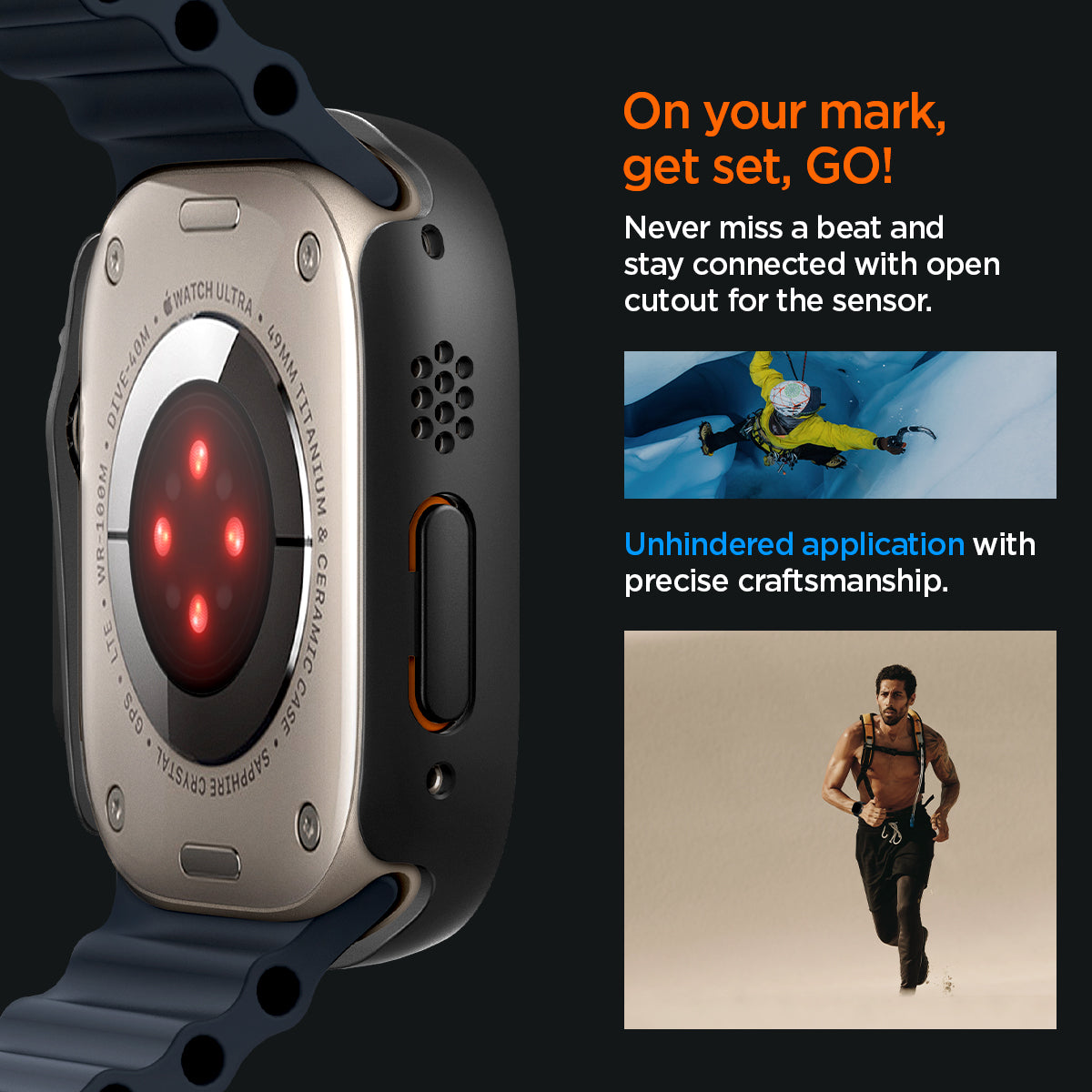 ACS05558 - Apple Watch Ultra (Apple Watch (49mm)) Case Thin Fit 360 in black never miss a beat and stay connected with open cutout for the sensor. On your mark, get set GO! Unhindered application with precise craftsmanship.