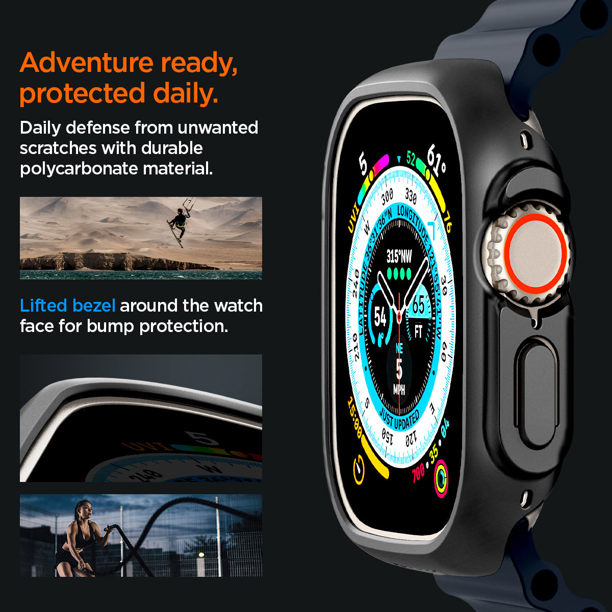 ACS05458 - Apple Watch Ultra (Apple Watch (49mm)) Case Thin Fit in black daily defense from unwanted scratches with durable polycarbonate material. Adventure ready, protected daily. Lifted bezel around the watch face for bump protection.